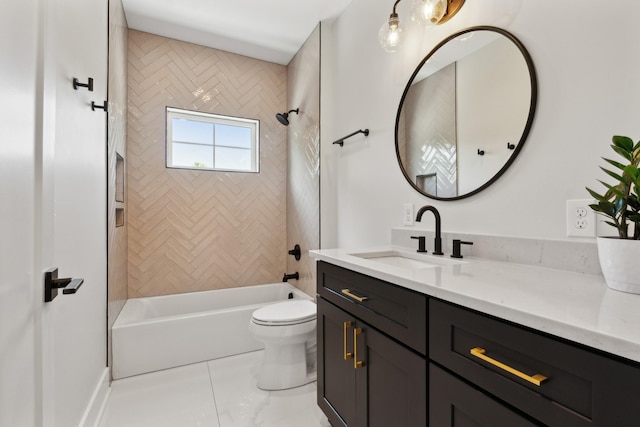 full bathroom featuring toilet, washtub / shower combination, and vanity