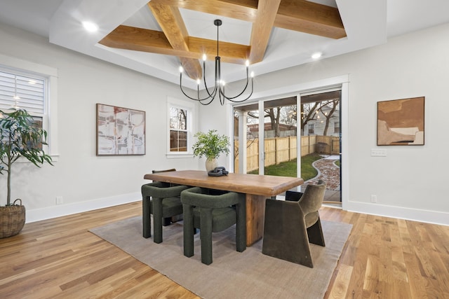 dining space featuring light wood finished floors, baseboards, coffered ceiling, a chandelier, and beam ceiling