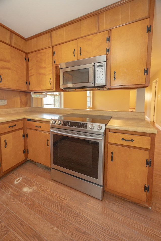 kitchen with light hardwood / wood-style flooring and stainless steel appliances