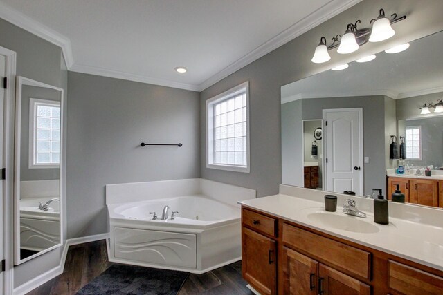 bathroom featuring a washtub, ornamental molding, vanity, and wood-type flooring