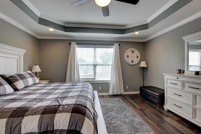 bedroom featuring a raised ceiling, dark hardwood / wood-style flooring, and multiple windows