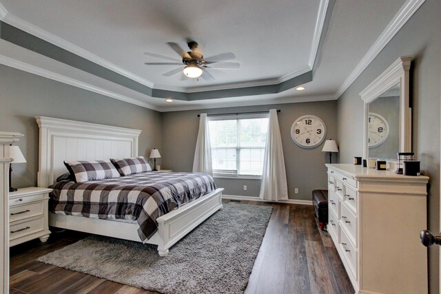 bedroom featuring ceiling fan, crown molding, a raised ceiling, and dark hardwood / wood-style flooring