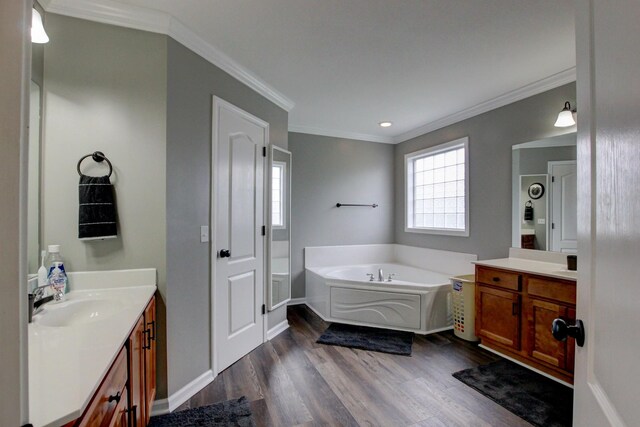 bathroom with hardwood / wood-style floors, crown molding, a tub to relax in, and vanity