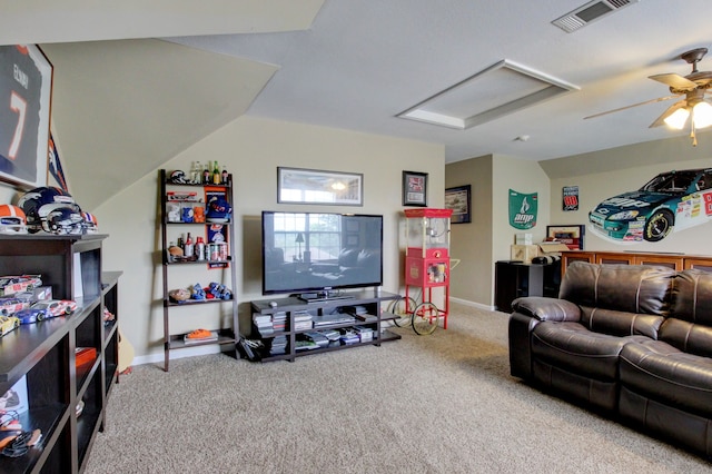 living room featuring ceiling fan and carpet floors