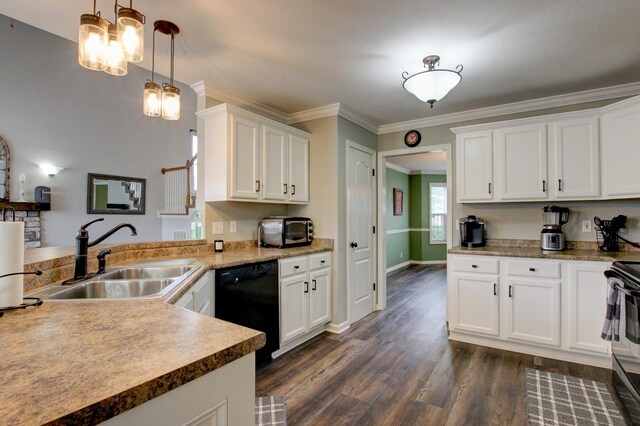 kitchen with sink, dark hardwood / wood-style flooring, crown molding, and black dishwasher