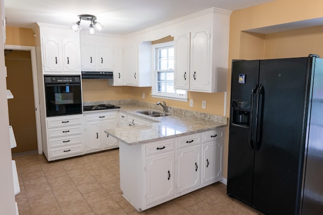 kitchen with a peninsula, a sink, black appliances, extractor fan, and white cabinetry