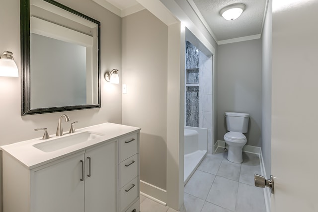 full bathroom with tile patterned floors, a textured ceiling, vanity, and toilet