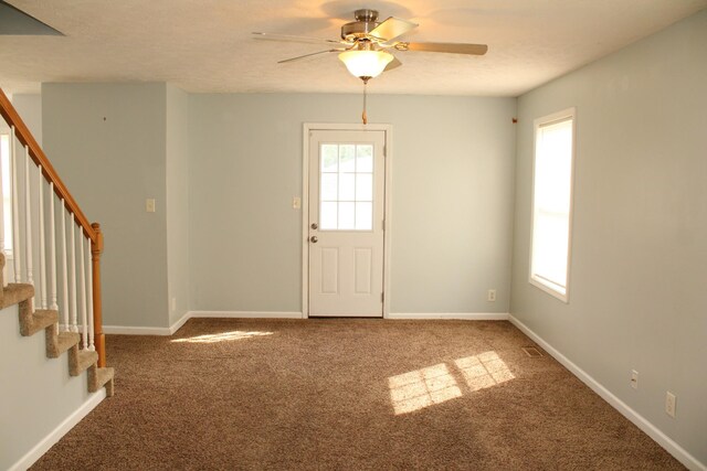 entrance foyer with carpet floors and a healthy amount of sunlight