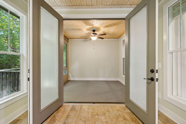 unfurnished sunroom with wood ceiling and a ceiling fan