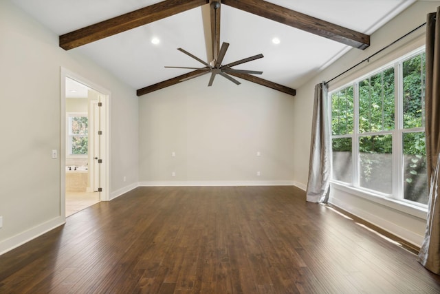 spare room with dark wood finished floors, vaulted ceiling with beams, recessed lighting, ceiling fan, and baseboards