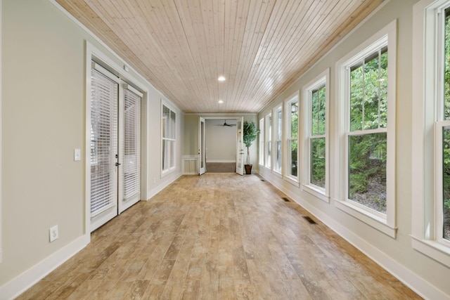 unfurnished sunroom featuring visible vents and wood ceiling