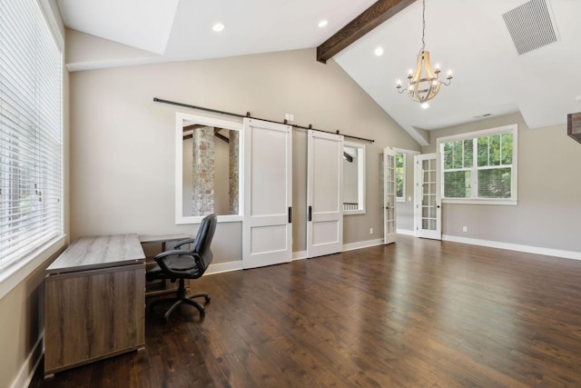 office space with vaulted ceiling with beams, a barn door, dark wood-style flooring, visible vents, and baseboards