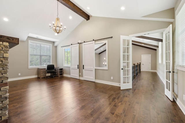 interior space featuring lofted ceiling with beams, baseboards, dark wood-type flooring, and french doors