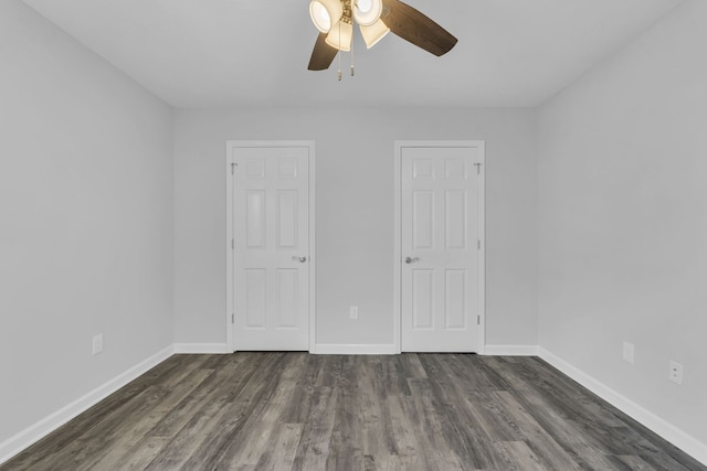 unfurnished bedroom with hardwood / wood-style floors and ceiling fan