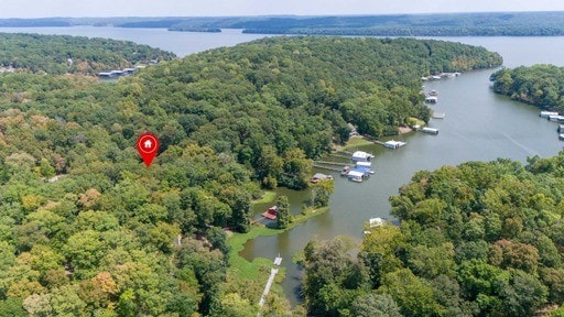 birds eye view of property featuring a water view