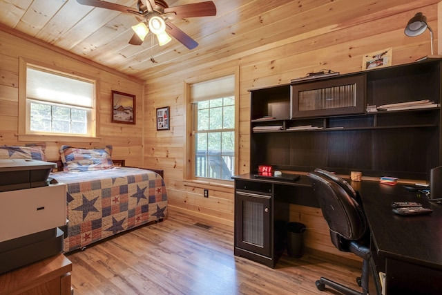 bedroom with light wood-type flooring, lofted ceiling, wooden ceiling, and wood walls