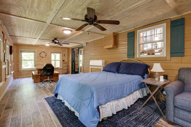 bedroom featuring hardwood / wood-style flooring, ceiling fan, wood ceiling, and wooden walls