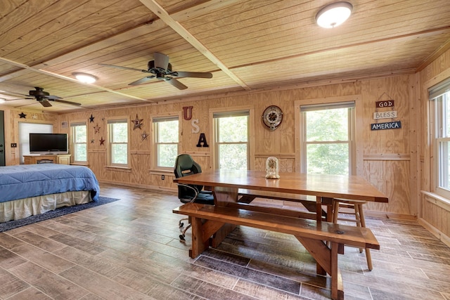 interior space featuring multiple windows, wood-type flooring, wooden ceiling, and wood walls