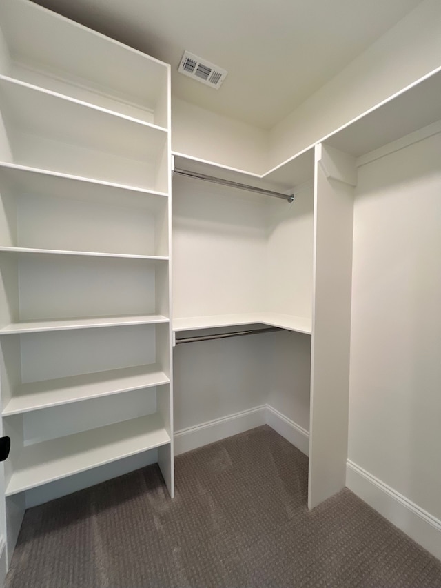 walk in closet with dark carpet