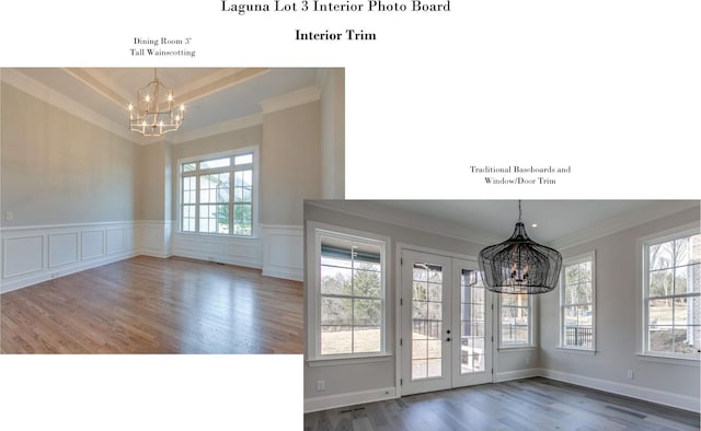 unfurnished dining area with plenty of natural light, a tray ceiling, and an inviting chandelier