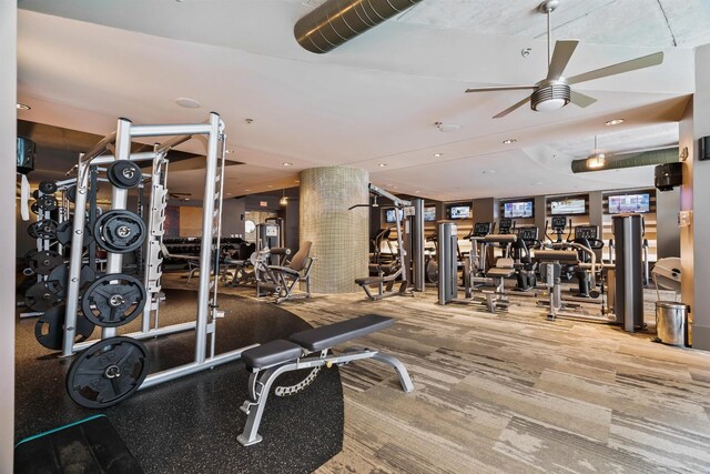 workout area featuring ceiling fan