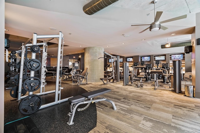 gym with recessed lighting and a ceiling fan