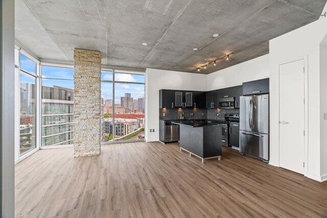 kitchen featuring hardwood / wood-style floors, appliances with stainless steel finishes, rail lighting, floor to ceiling windows, and tasteful backsplash