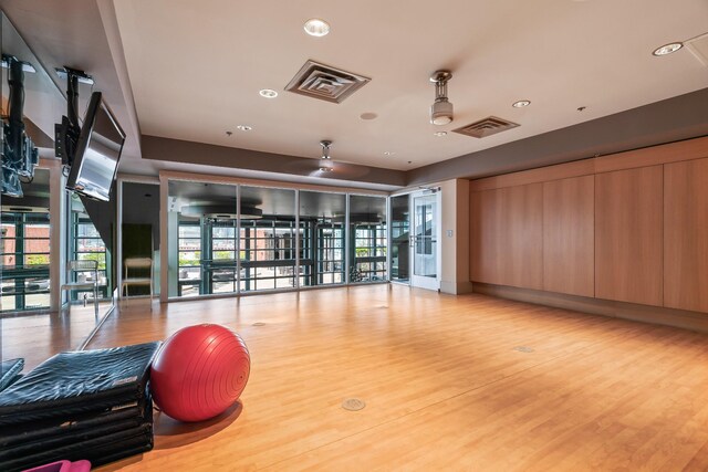 workout area with a wealth of natural light, light hardwood / wood-style floors, and a wall of windows