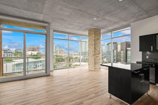 kitchen with a city view, dark cabinetry, light wood-style floors, and expansive windows