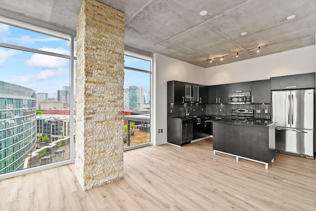 kitchen featuring light wood-style flooring, appliances with stainless steel finishes, a view of city, and dark cabinetry