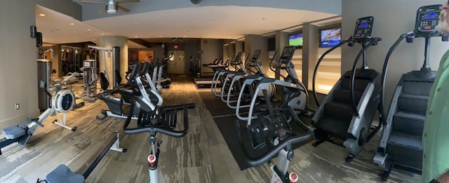 exercise room with recessed lighting, ceiling fan, and wood finished floors