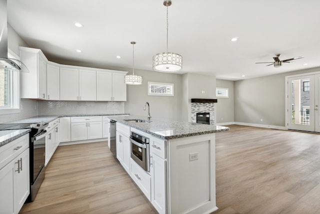 kitchen with backsplash, light hardwood / wood-style flooring, ventilation hood, ceiling fan, and stainless steel appliances