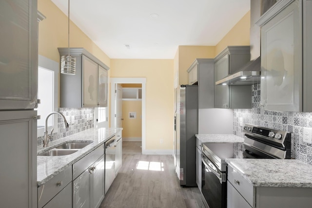 kitchen featuring stainless steel appliances, a sink, gray cabinets, backsplash, and wall chimney exhaust hood