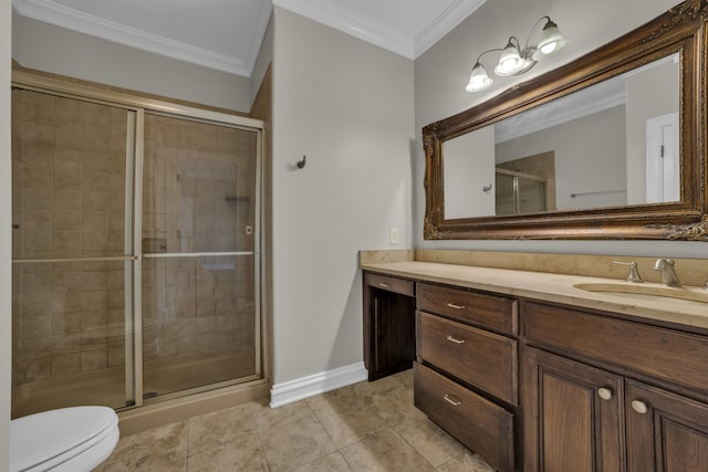 bathroom with toilet, tile patterned floors, a shower with door, ornamental molding, and vanity