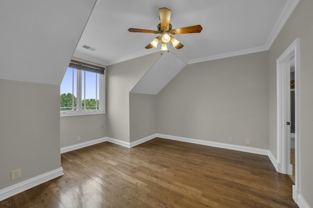 bonus room with lofted ceiling, ceiling fan, and wood-type flooring