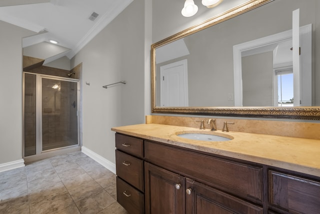 bathroom featuring tile patterned flooring, vanity, ornamental molding, and an enclosed shower