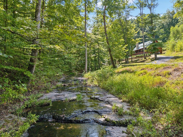 exterior space with a wooded view