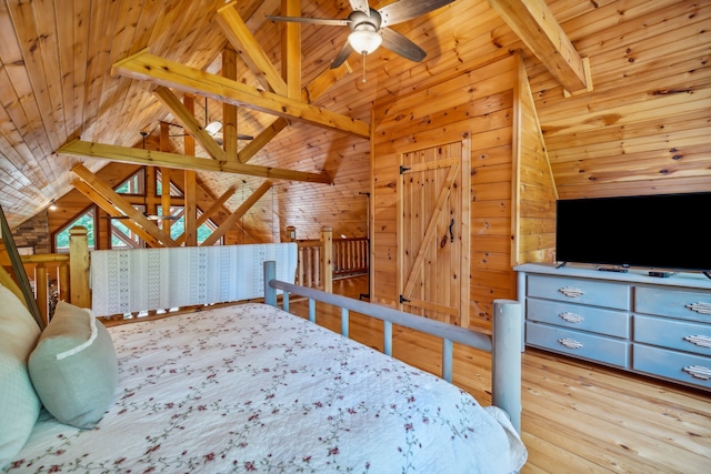 unfurnished bedroom featuring wooden walls, wooden ceiling, lofted ceiling with beams, and light wood-type flooring