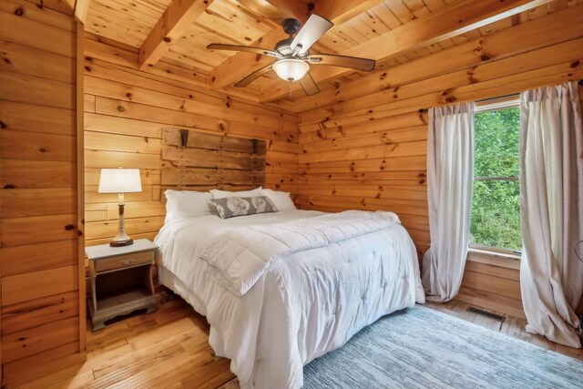 bedroom featuring light wood-type flooring, beamed ceiling, wooden ceiling, wooden walls, and ceiling fan