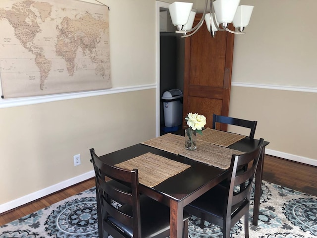 dining room with wood-type flooring and a notable chandelier