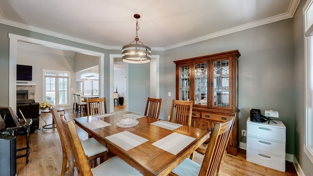 dining area with a fireplace, light wood-type flooring, a chandelier, and ornamental molding