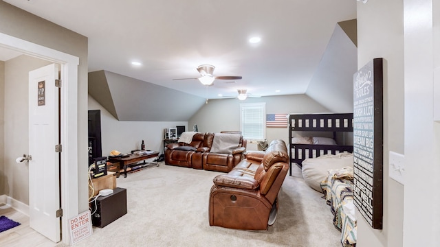 bedroom featuring ceiling fan, carpet, and lofted ceiling