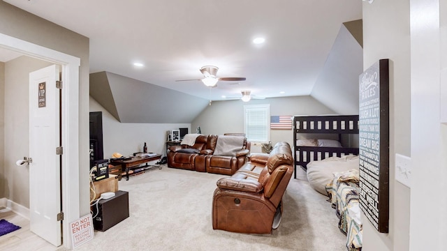 bedroom with vaulted ceiling, recessed lighting, and ceiling fan