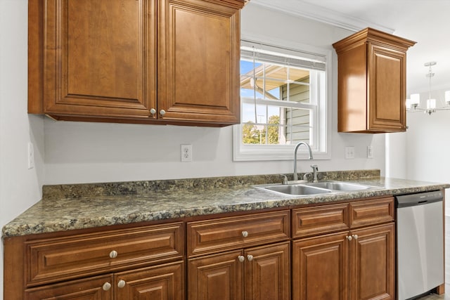 kitchen with ornamental molding, a notable chandelier, stainless steel dishwasher, and sink