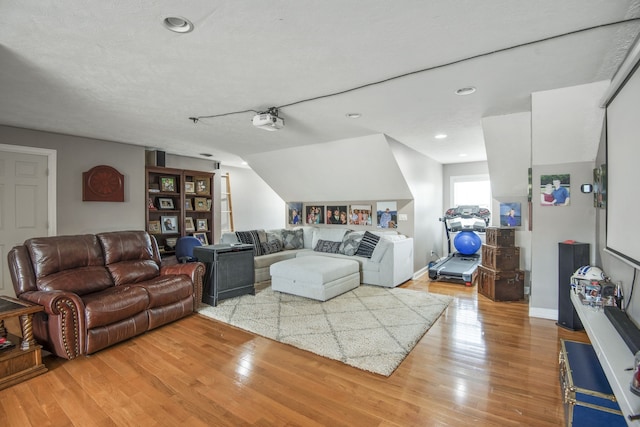 living room featuring a textured ceiling, light hardwood / wood-style flooring, and lofted ceiling