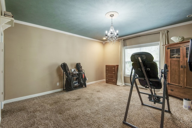 home office featuring carpet flooring, crown molding, and an inviting chandelier