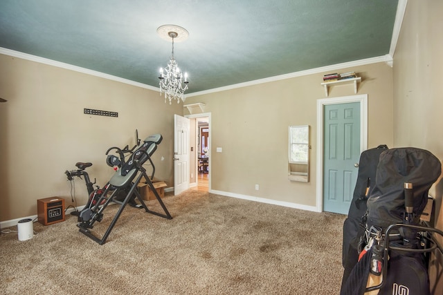 workout area with carpet flooring, ornamental molding, and an inviting chandelier