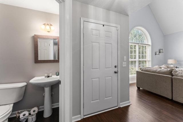 entryway with lofted ceiling, dark wood finished floors, and baseboards