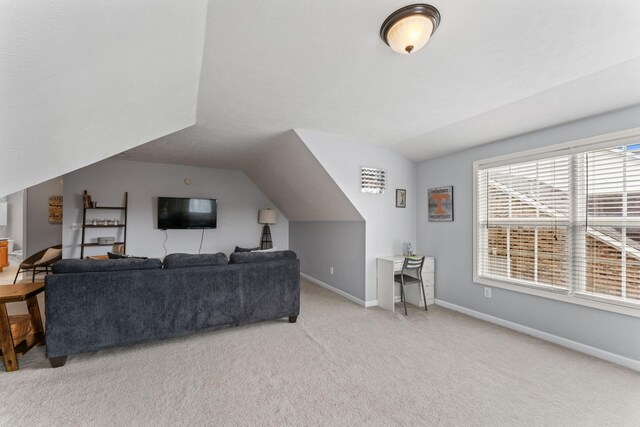 carpeted living room with vaulted ceiling and a healthy amount of sunlight