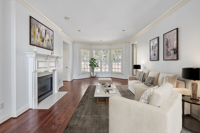 living room featuring dark wood-type flooring and ornamental molding